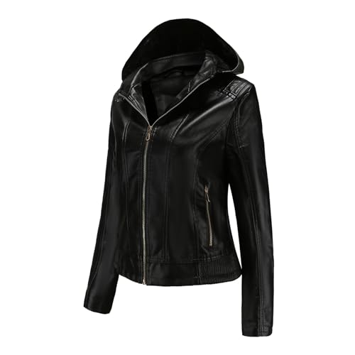 Hooded Faux Leather Jackets For Women - Waterproof Motorcycle Bomber Jacket PU Moto Biker Coat With Hood4