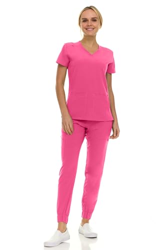 Saint Scrubs Womens 9-Pocket Medical Uniform Set- V-Neck Stretch Top with Seven Pocket Jogger Scrub Pants, Shocking Pink, Small