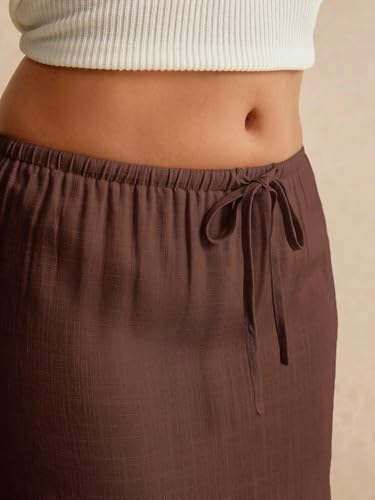 EARKOHA 2025 Women's Summer Maxi Skirt Drawstring Low Waist A Line Linen Long Flowy Skirts Coffee Brown XS4