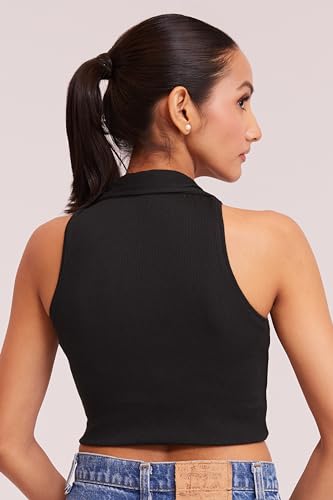 Image of BERRY BIRD Stylish Sleeveless V-Neck Slim Fit Collar Ribbed Knit Tank Crop Tops for Women & Girls Beach and Gym Wear and Western Trendy Fashion