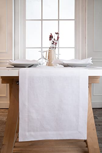 D'moksha Homes White Table Runner - 14 X 96 Inch, 100% Pure Linen Hemmed Table Runners 96 Inches Long, Machine Washable, Table Runner For Summer #TOP2