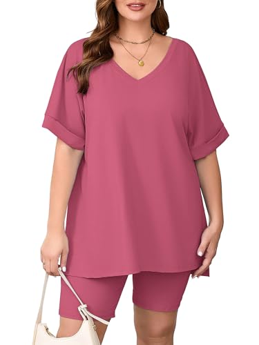 Image of AusLook Women's Plus Size 2 Piece Short Outfits Set Short Sleeve Tops and Shorts Pants Lounge Jogging outfits Matching Set