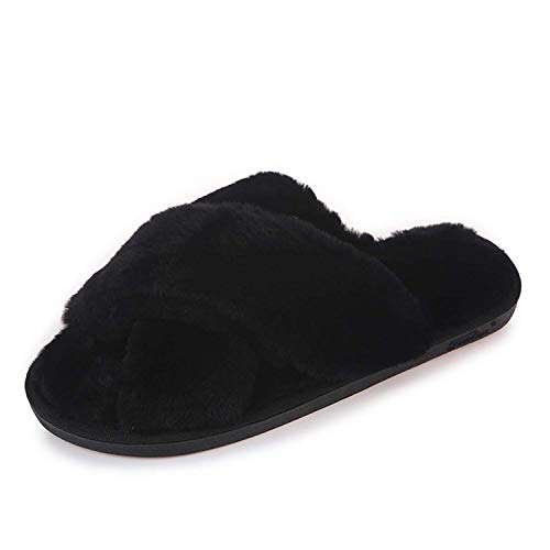 Women's Soft Plush Lightweight House Slippers Non Slip Cross Band Slip On Open Toe Cozy Indoor Outdoor Slippers