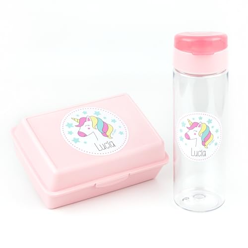 Mi Pipo - Pack Fiambrera Infantil Personalizada + Botella Agua Niños con Pajita 600ml - Unicornio | Resistente, Cómoda, Segura, Libre de BPA y con Nombre | Ideal Escuela, Excursiones y Viajes