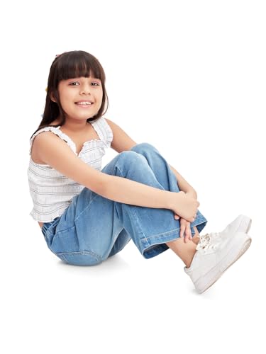 Image of olele Girls Super Jeans Collection for 4-14 Yrs | Stretchable Cotton Denim Trousers | Blue Jeans for Kids | Baggy Denim Pants | Cargo Pants for Girls