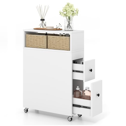 GIANTEX Nischenregal 19cm breit, Badezimmerschrank schmal Badregal auf Rollen, Nischenschrank Nischenwagen mit 2 Schubladen & 2 Weidenkörben, Rollwagen Rollcontainer 19x50x72 cm (Weiß)