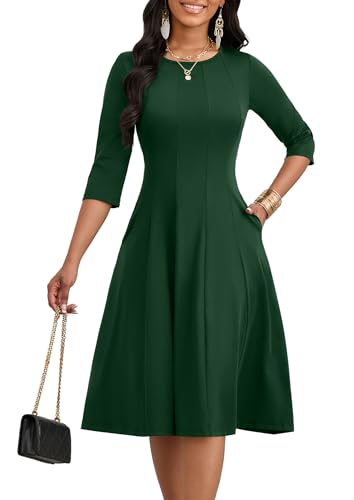 Image of CLOCOR Casual Midi Dresses for Women A-Line Fit and Flare Elegant Church 3 /4 Sleeve Crew Neck Dress with Pocket