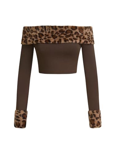 MakeMeChic Women's Fuzzy Leopard Print Off The Shoulder Tops Long