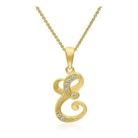 Sterling Silver CZ Cubic Zirconia Initial Alphabet Letters Pendant Necklace from A-Z, 18 inch (Yellow Gold Letter-E) Cover