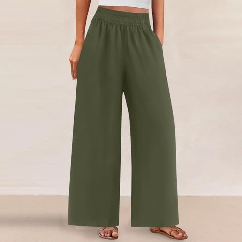 Linen Pants Women Summer Wide Leg Palazzo Pants Casual Elastic Waist Pants Vacation Flowy Linen Trousers with Pockets2