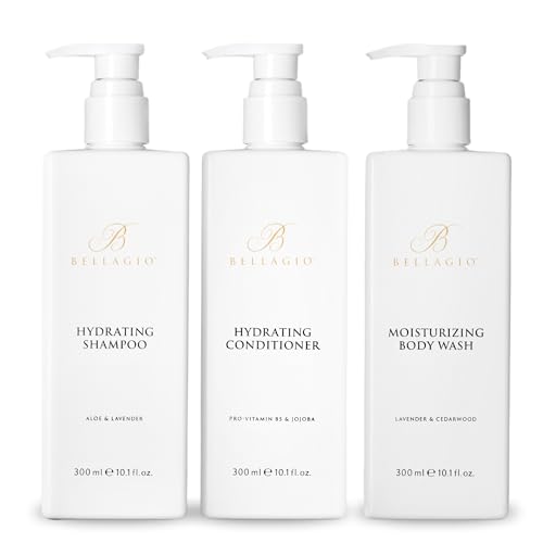 Bellagio Shower Set - Shampoo, Conditioner, Body Wash - Scented with Cedarwood, Green Mandarin, Lavender - Vegas Hotel Bath Amenities - 10 oz, White