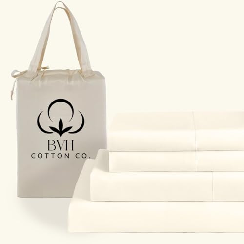 BVH Cotton Co. Pima Cotton Queen Size Sheet Set, 4Pc Bed Set, Soft & Breathable Percale Weave, Fits 10-12" Deep Pocket, Hotel-Quality 1000 Thread Count Bed Sheets (Solid, Ivory)