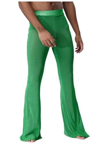 TiaoBug Mens Sheer Mesh Flared Pants High Waist Elastic Waistband Bell Bottom See Through Trousers3