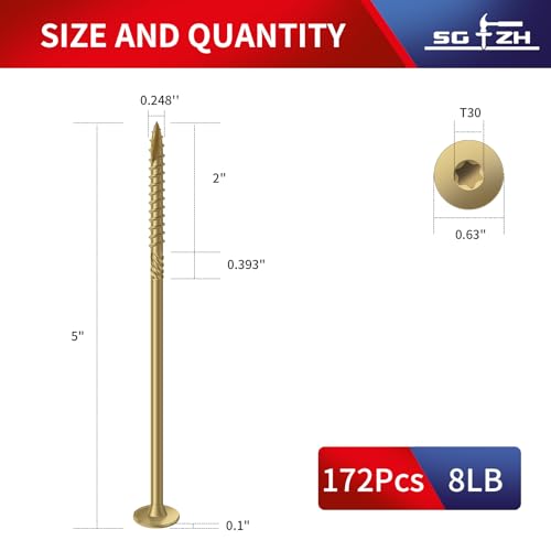 Image of #14 x 5 Inch Outdoor Structural Wood Deck Screws (172Pcs /8lb), Carbon Steel, Tan, Flat Head, Rust Resistant Epoxy Coated, T30 Star Bit