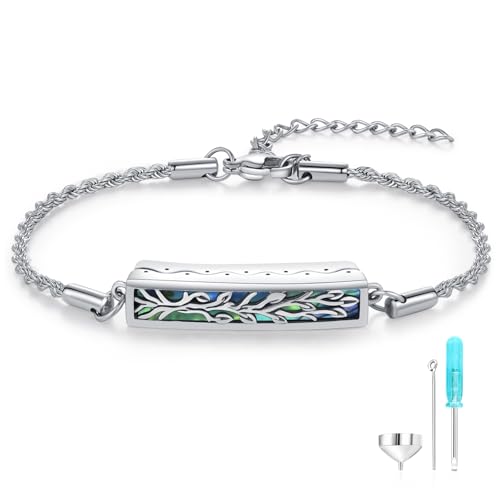Aniu Urn Bracelet for Ashes Abalone Shell Mountain/Tree of Life/Hummingbird/Butterfly 925 Sterling Silver Cremation Jewelry for Ashes Keepsake Pendant Locket Bracelet for Women