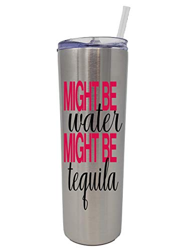 Stainless Steel Skinny Tumbler With Straw Lid - 20 oz. Double Wall Insulated Water Bottle - Slim, Modern Cup Perfect for Tea, Coffee, Water, or Beer - Keeps Drinks Hot Or Cold (Might Be Tequila)