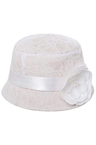 Babeyond Bucket Hat For Women - Lace Cloche Crushable Bowler 1920S Vintage Gatsby Church Fascinator Hat With Flower Band Beige #TOP15