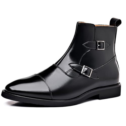 SYNTHESIS Men's Cap Toe Brogues Chelsea Boots with Side Zipper,High or Mid Top Slip On Black Ankle Boot for Men