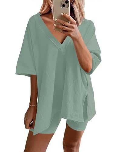Image of Ekouaer Womens Pajamas 2 Piece Lounge Sets Oversized V Neck T-Shirts Tops Biker Shorts Set Workout Reversible Tracksuit S-XXL