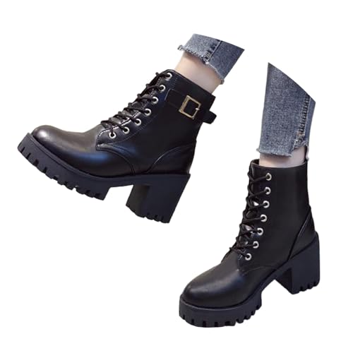 Botas Altas de Invierno Mujer 2026 Zapatos de Cordones Vintage Otoño Largo Botines Tacón Plano Cordones Comodas Botas de Barril Medio Aire Libre Exterior Original