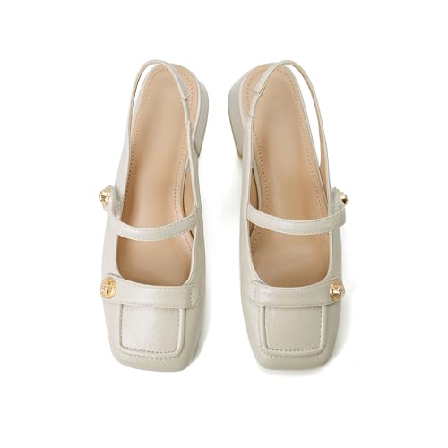 Image of Slingback Mary Jane Heels for Women Low Block Heel Closed Square Toe Pump Shoes Heels Classic Daily Office Dressy Shoes