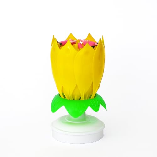 Birthday Party Supply, Rotating Blooming Lotus Music Candle, 1 Piece, Multiple Colors, Suitable for Parties, Weddings, Halloween Novelty Gift, Christmas Decorations, Yellow