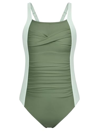 Image of DAXIANG Girls One Piece Swimsuit Modest Ruched Color Block Bathing Suit Tween Adjustable Straps Padded Swimwear Size 7-16