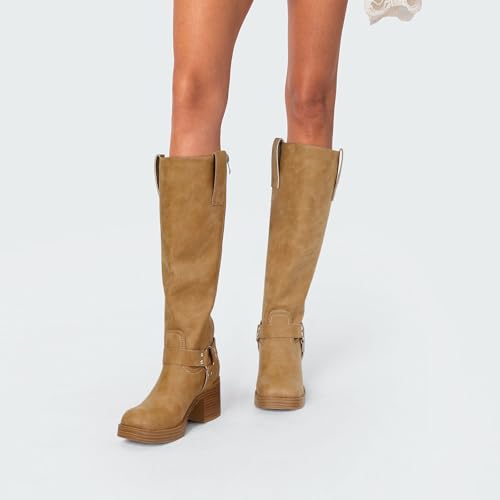 Dsevht Leather Knee High Chunky Platform Heeled Long Boots for Women: Round Toe GoGo Riding Motocycle Boots2