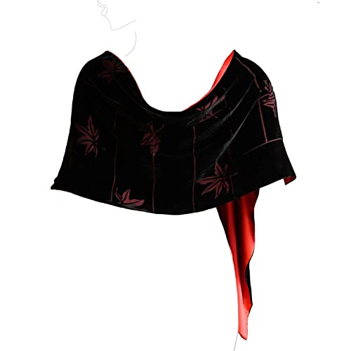 Luxury Silk Base Burn-out Velvet Scarf Pure Silk Lining 70" L x13 W, Black/Red3