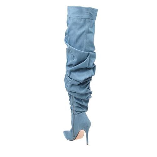 THESHY Women's Slouchy Over The Knee Boots Denim Pointed Toe Stiletto Heel Thigh High Boots Pleated Tall Fashion Sexy Bootie2