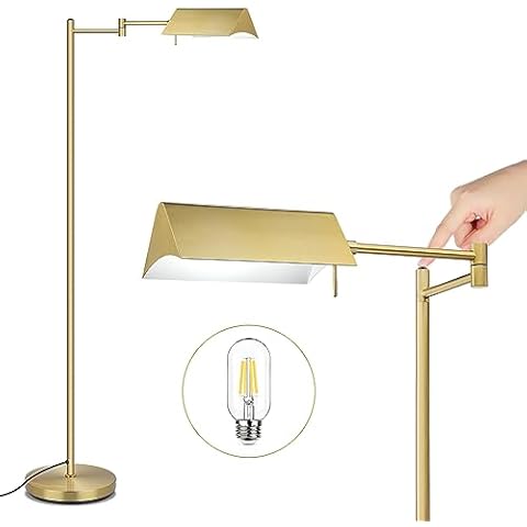Mlambert Reading Floor Lamp,LED Pharmacy Lamp with Swing Arm,Swivel Head Adjustable Standing Lamp,E26 Base,Corner Lamp for Livingroom,Sewing(Brass) Cover
