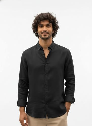 Image of Men's Linen Cotton Shirt | Solid Design | Full Sleeve | Regular Fit | Button Down Collar | Summer Casual & Formal Wear