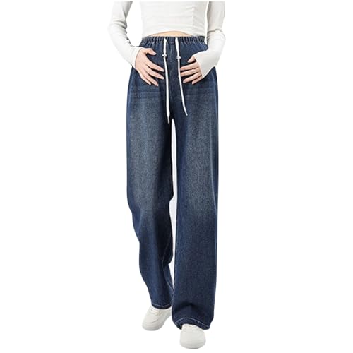Women's Maternity Denim Pants Elastic Waist Drawstring Wide Leg Baggy Jeans Pregnancy Lounge Trousers Jeans