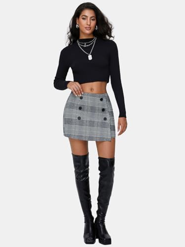 EXLURA Womens Button Bodycon Mini Skirt Sexy Night Club High Waist Elastic Y2K Trendy Short Plaid Skirts4
