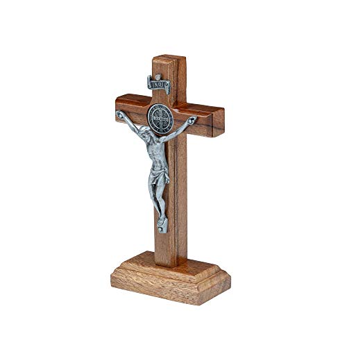 Intercession Wall and Table Wood Cross Crucifix (5 inch - Antique Silver)