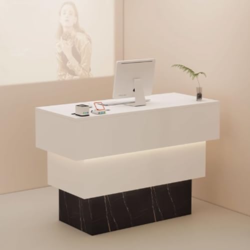 Elegante y moderno escritorio de recepción de salón con iluminación LED suave, mostrador de recepción chic para salones, boutiques y restaurantes (blanco y negro, 120 x 50 x 90 cm)