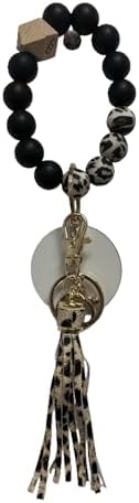 Becho Bohemian Silicone Keychain with Leopard Print Beaded Bracelet with KeyRing Tassel& Blank Wood Tag Wrist Keyrings image 2