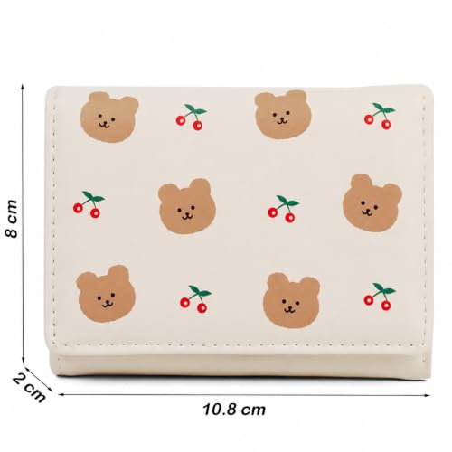 Image of INOVERA (LABEL) Small Tri-Fold Wallet for Women, Girls - Faux Leather Cash, Coin, Card Holder Wallets - Cute Bear and Cherry Print Mini Hand Purse (White)