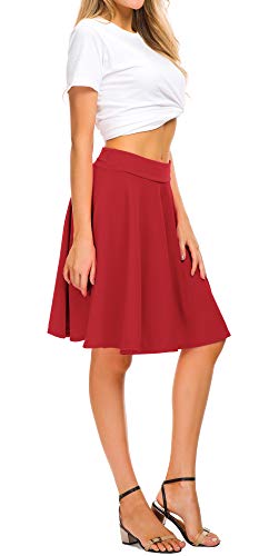 Image of EXCHIC Women's Casual Stretchy Flared Mini Skater Skirt Basic A-Line Pleated Midi Skirt
