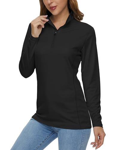 MAGCOMSEN Long Sleeve Shirts for Women Lightweight Sun Shirts Black Quarter Zip Pullover Women Quick Dry Golf Athletic Tops M