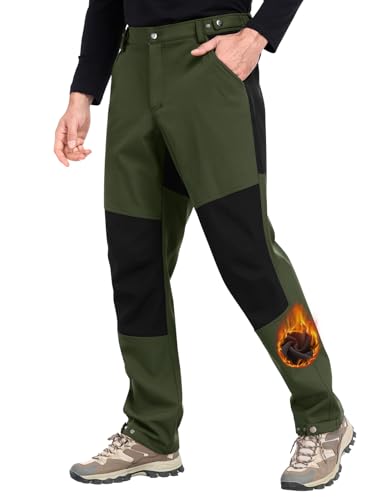 Xnova Pantalon Trekking Hombre Impermeables Pantalones de Trabajo Montaña Senderismo Pantalón Invierno Forro Polar Termico con Cintura Elastica Pantalon Tactico Cargo Pants, Verde Militar, L