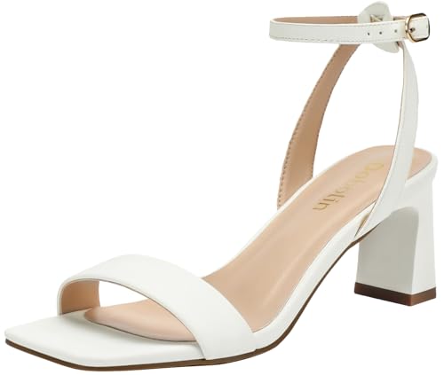 DOBOLIN Wide Width White Heels for Women Dress Shoes 2.64-inch Chunky Block Heel Sandals Square Open Toe Ankle Strap Wedding Party Shoes Size 7.5