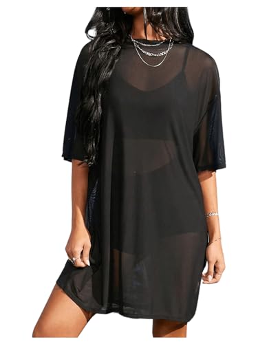 Verdusa Women's Sheer Mesh Dress Loose See Through Half Sleeve Beach Cover Up