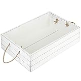 MyGift Vintage White Wooden Storage Bin with Rope Handles, Decorative Open Top Small Wood Box