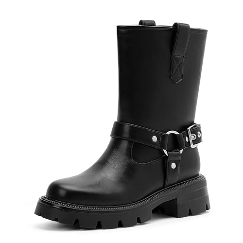 Women's Chunky Heel Round Toe Mid Calf Boots Buckle Strap Platform Biker Boots