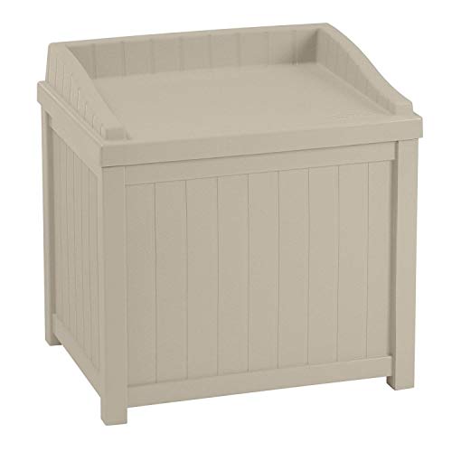 Suncast 22-Gallon Small Box-Lightweight Resin Indoor/Outdoor Storage for Seat Cushions and Gardening Tools Store Items on Deck, Porch, or Patio, Light Taupe