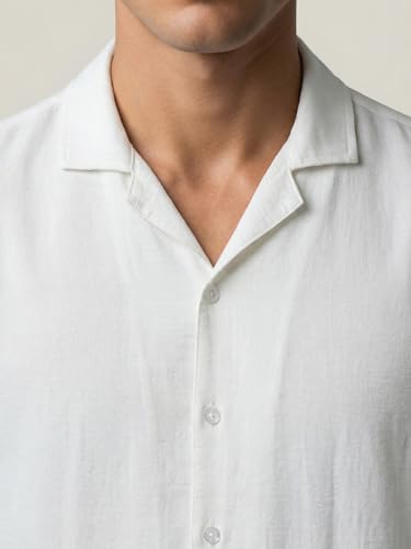 Image of Urbano Fashion Men's Cotton Half Sleeve Relaxed Fit Textured Shirt with Cuban Collar