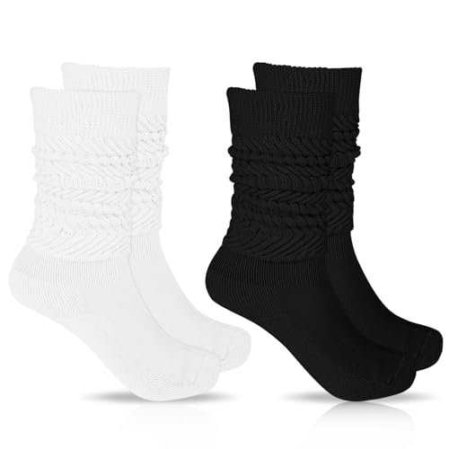 Women's Slouch Socks Soft Scrunch Socks Thigh High Boot Socks Knit Scrunchie Socks Size 9-11 (Black and White)