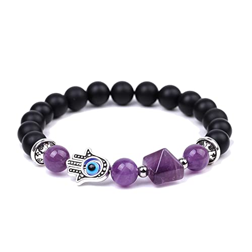 Bracelet élastique en perles d'améthyste naturelle Main de Fatma Mauvais œil pour yoga, équilibre Reiki 1 pièce Cover