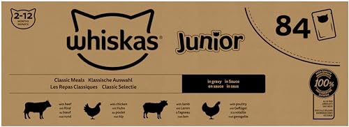 Whiskas Junior Katzennassfutter Klassische Auswahl in Sauce, 84 Portionsbeutel, 84x85g (1 Großpackung) – Hochwertiges Katzenfutter nass, für heranwachsende Katzen von 2 bis 12 Monaten
